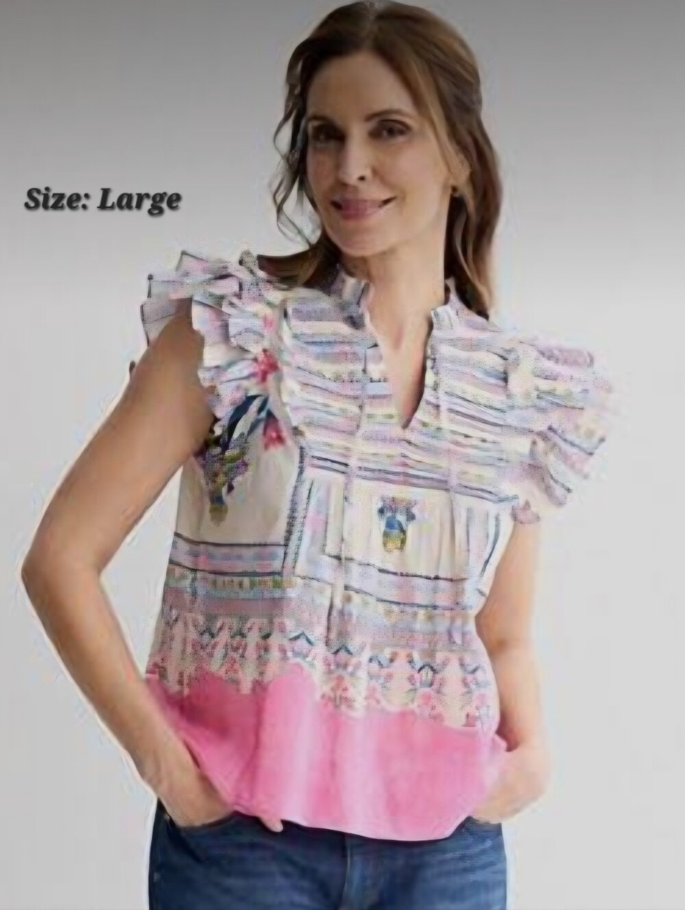 Farmer's Market Floral Women's Ruffled Sleeve Blouse with Pink Hem 100% Cotton L